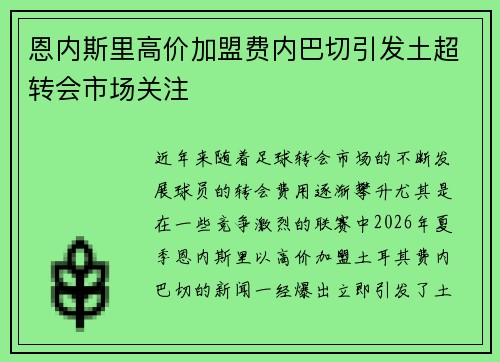 恩内斯里高价加盟费内巴切引发土超转会市场关注 恩内斯里高价加盟费内巴切引发土超转会市场关注